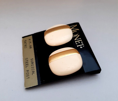 Vintage Monet Square Mod Earrings Cream Enamel  Gold Tone Pierced New Old Stock