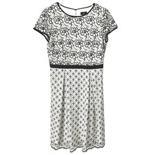 Adrianna Papell A-line Dress Sz 6 Floral Lace Overlay Ivory Black Short Sleeve