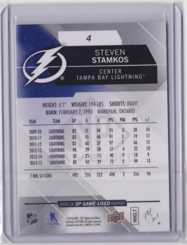 2015-16 UD SP GAME-USED TRUE BASE SP 77/91 STEVEN STAMKOS #4 TAMPA BAY LIGHTNING - Image 2 of 2