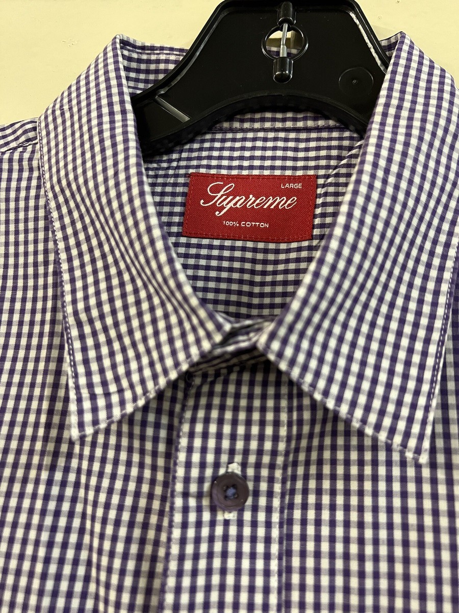 SUPREME GINGHAM PLAID 4-POCKET BUTTON-UP SHIRT PURPLE WHITE SZ L