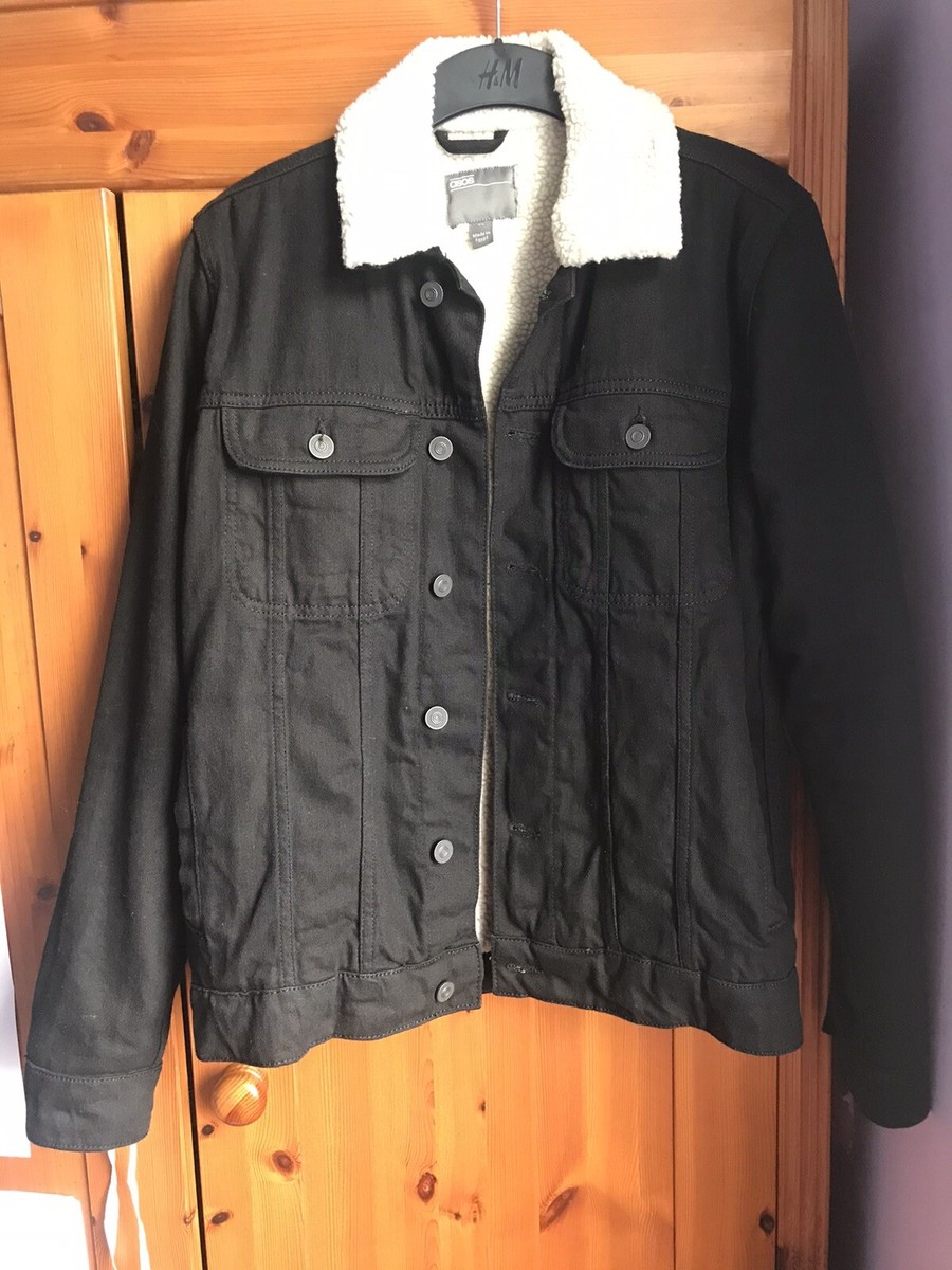 Mens ASOS DESIGN denim jacket with ecru teddy lining in black XS