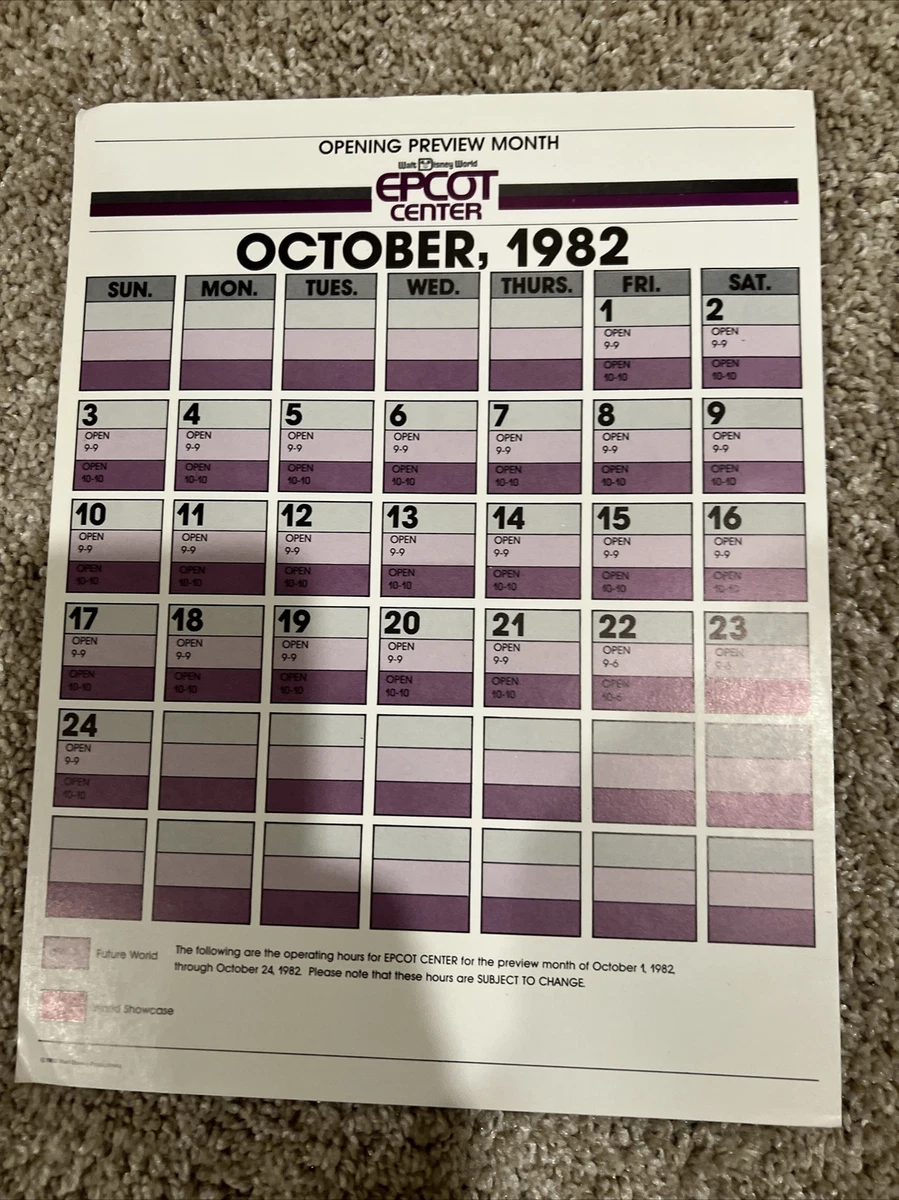 EPCOT CENTER October, 1982 Opening Preview Month Calendar | eBay