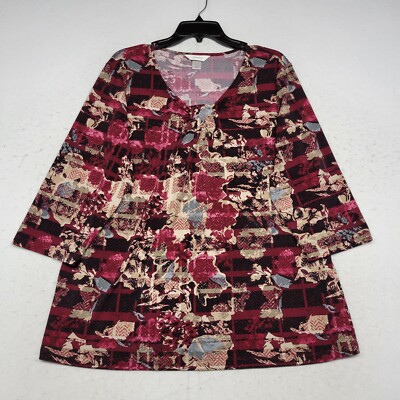 CJ Banks Shirt Womens Plus 1X Black Purple Floral 3/4 Sleeve Stretch Top Blouse