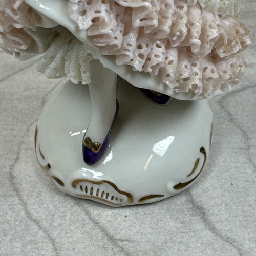 Dresden Lace Porcelain Lady Purple Shoes Purse German Figurine Flower Roses RARE - Picture 12 of 20