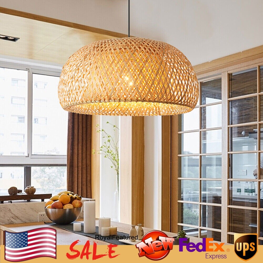 Vintage Bamboo Wicker Rattan Shade Pendant Light Hanging Ceiling Lamp Fixture
