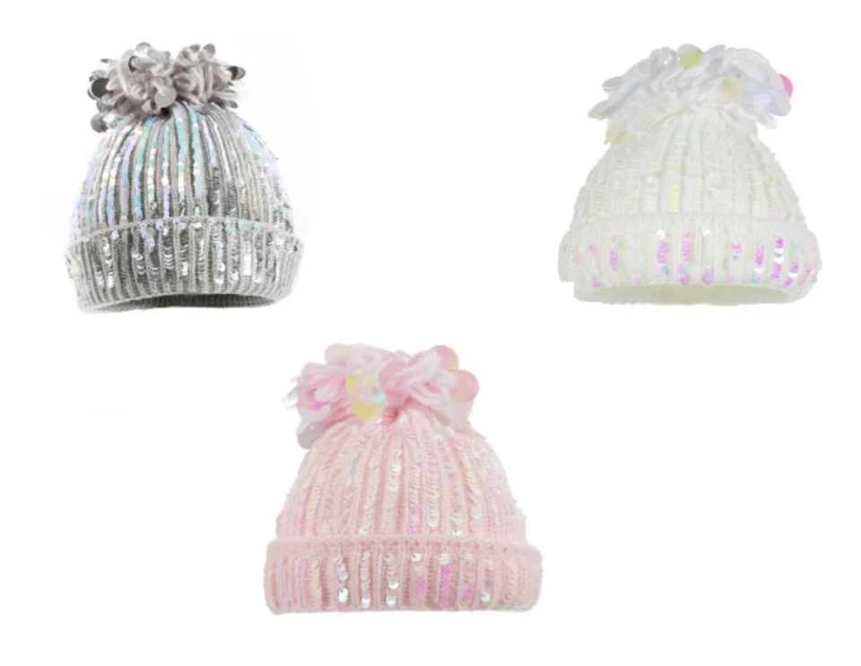 SOFT TOUCH Baby Pom Pom Sequins Knitted Warm Soft Hat Cap Newborn - 6 Months - Gift Ideas