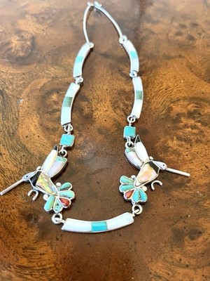 Vtg Zuni Native American Sterling Inlaid Mop Turquoise Hummingbird Necklace