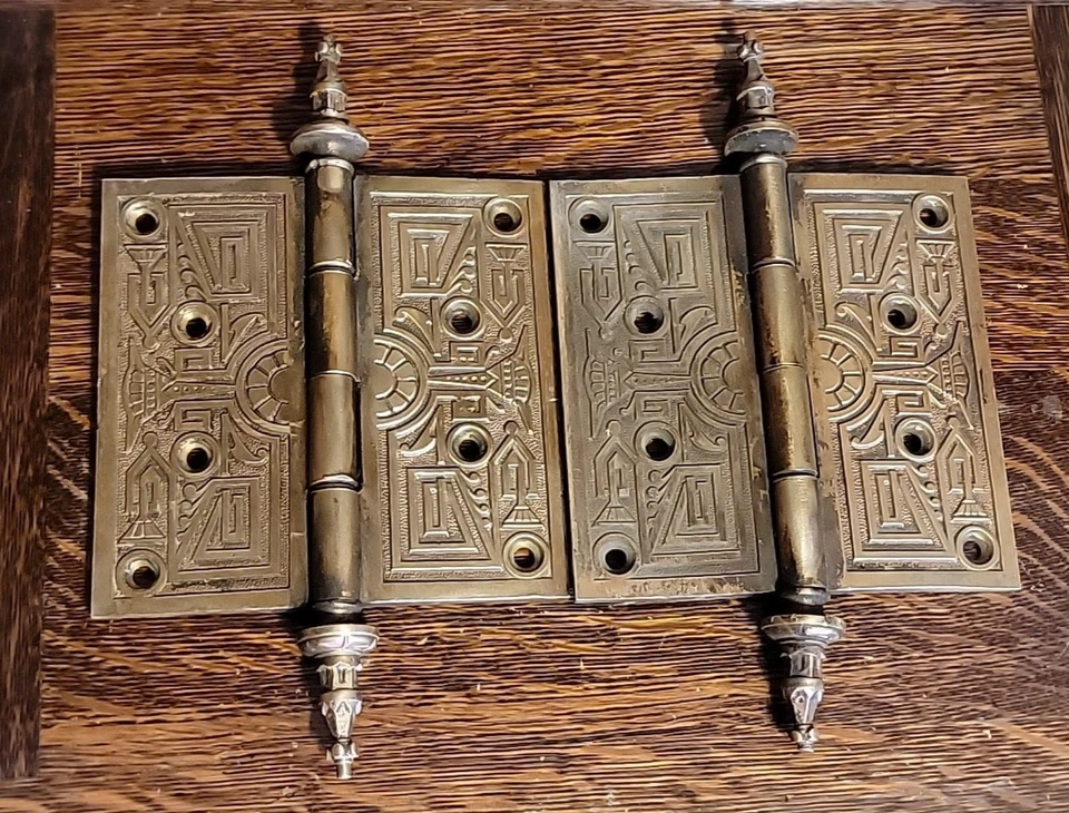 SET #3 RECLAIMED PAIR R&E VICTORIAN EASTLAKE BRASS 5"x5" STEEPLE TIP DOOR HINGES - Image 2 of 4