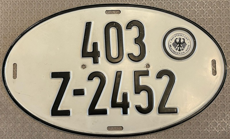 Vintage (70-80’s) German Customs Export License Plate Z2452, Excellent Condition