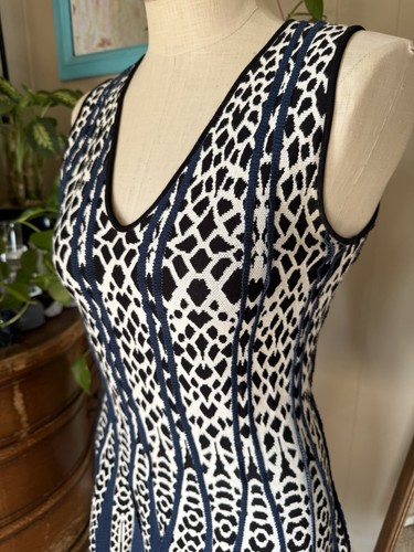 RVN Argyle animal Patterned fit and flare Jacquard Dress with 3D navy accents, L - Picture 2 of 12