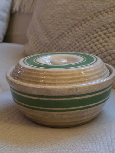 Hull beehive green stripe yellowware casserole dish