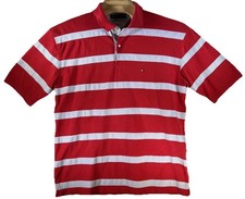 Mens Vintage Tommy Hilfiger Polo Rugby 2XL Cotton Shirt w Polyester Stripes Red