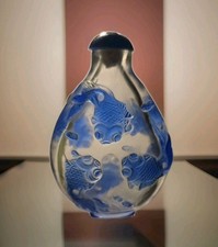 Antique Chinese Colbalt Blue Peking Clear Glass Koi Fish Snuff Bottle Carved