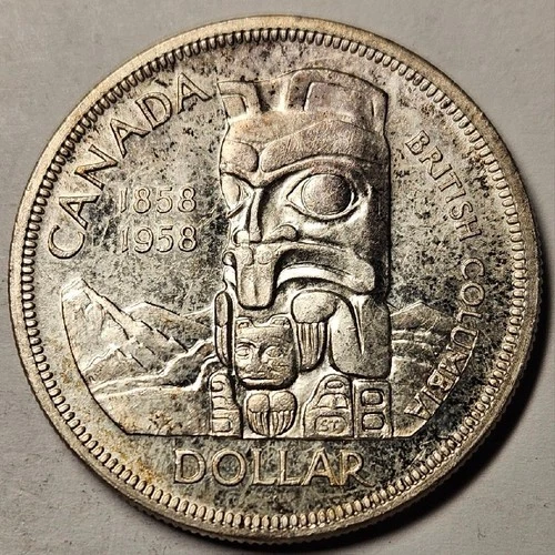 Canada, Dollar 1958 Toned Uncirculated Totem Pole, Death Dollar, .6 Ounce Silver