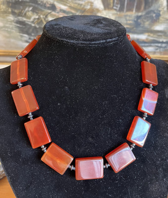 VTG Carnelian Agate Necklace Egyptian Revival Bib Style Rectangular Beads 19''