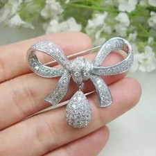 2Ct Round Cut Real Moissanite Women's Bowknot Brooch Pin 14K White Gold Plated
