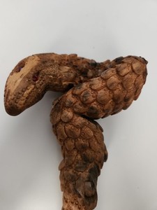 HTF Handcarved 9 1/4" Hand-held Wood Rattlesnake? Pangolin? Red Seed-bead Eyes 