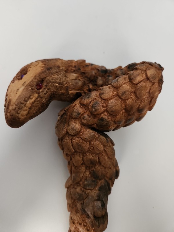 HTF Handcarved 9 1/4" Hand-held Wood Rattlesnake? Pangolin? Red Seed-bead Eyes 