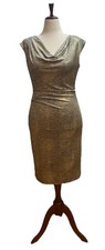 Vince Camuto Sheath Dress Womens Size 6 Gold Metallic Cowl Neck Sleeveless Lined