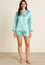 VTG Victoria  s Secret Satin Pajama Set Med Aqua Blue Top  Shorts Hong Kong 90s