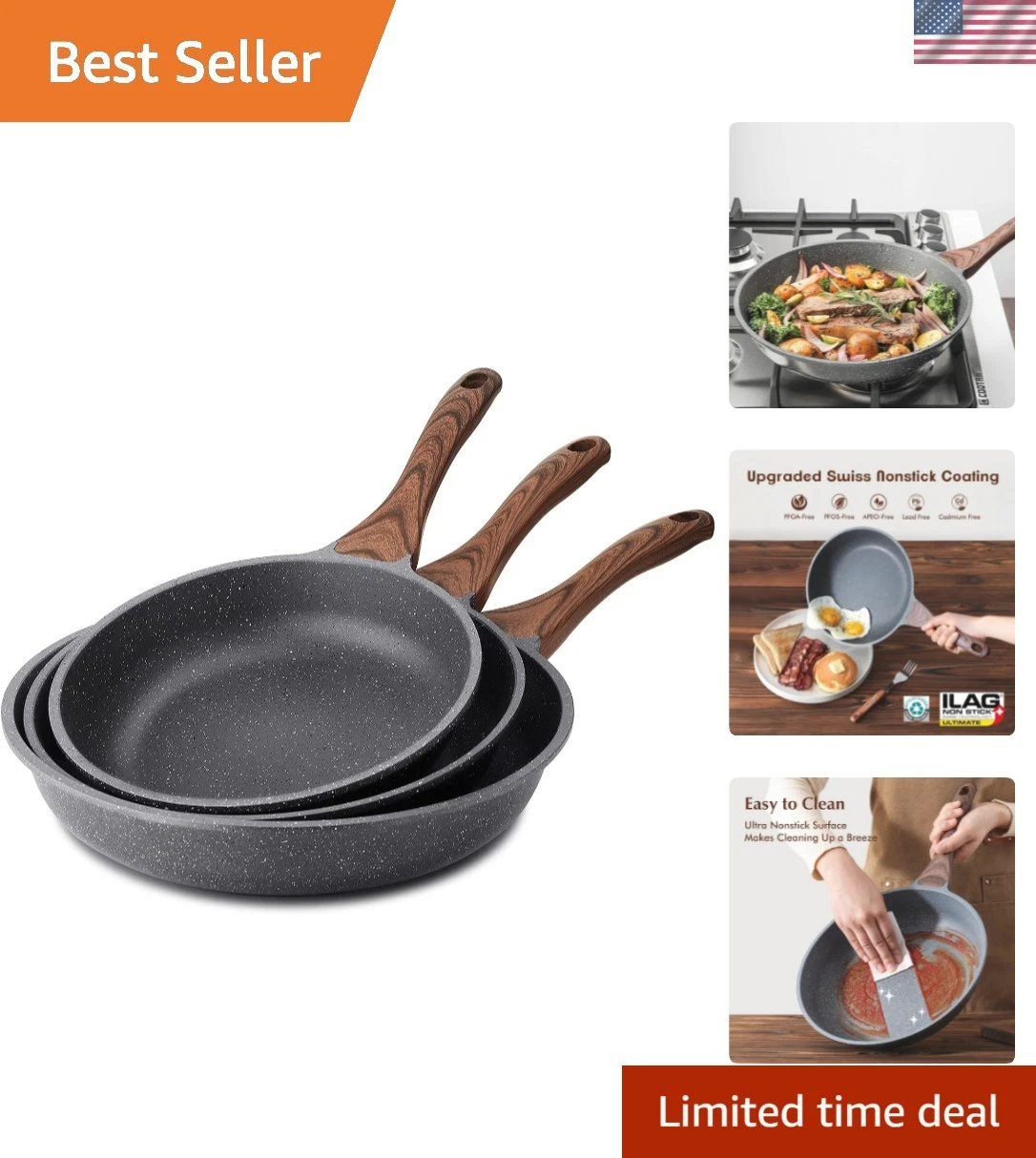 Nonstick Frying Pan Skillets, Swiss Granite Coating Omelette Pans, Healthy Co...
