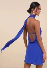 NWT lulus Isloda Blue One-Shoulder Backless Sash Mini Dress