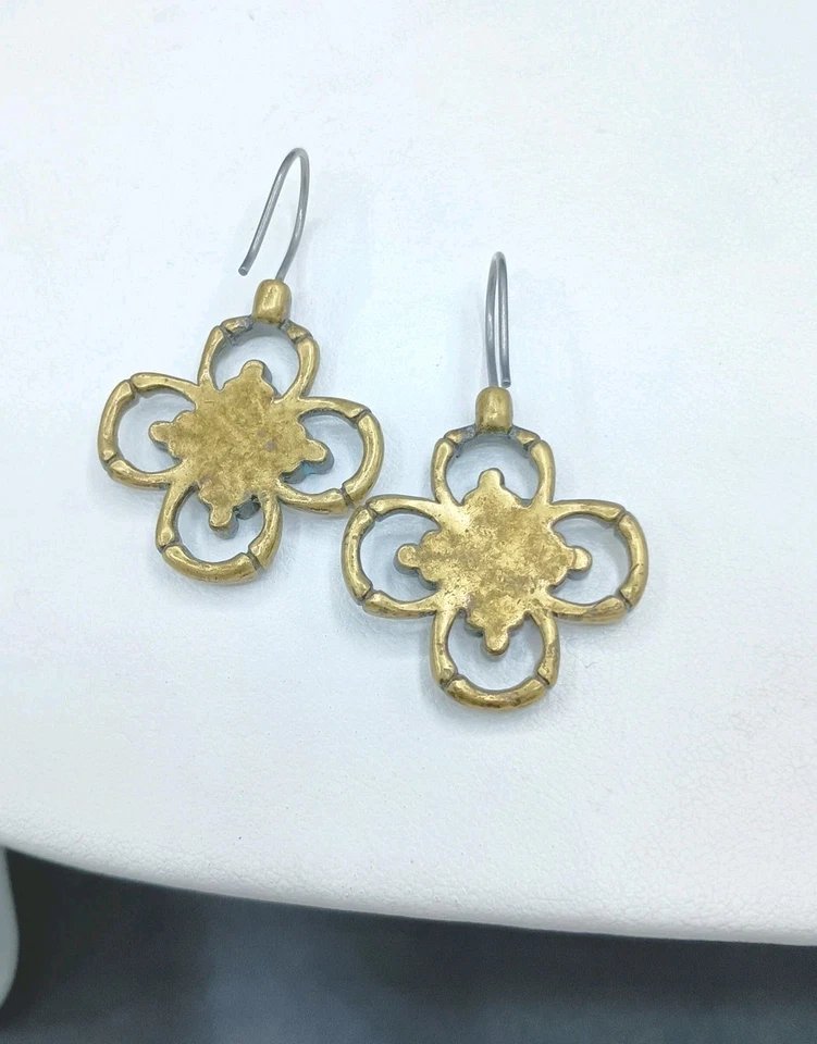 Pendientes Flor Latón Artesanales Gancho Abulón Turquesa Esmalte Calado De Colección  Foto 3 de 4