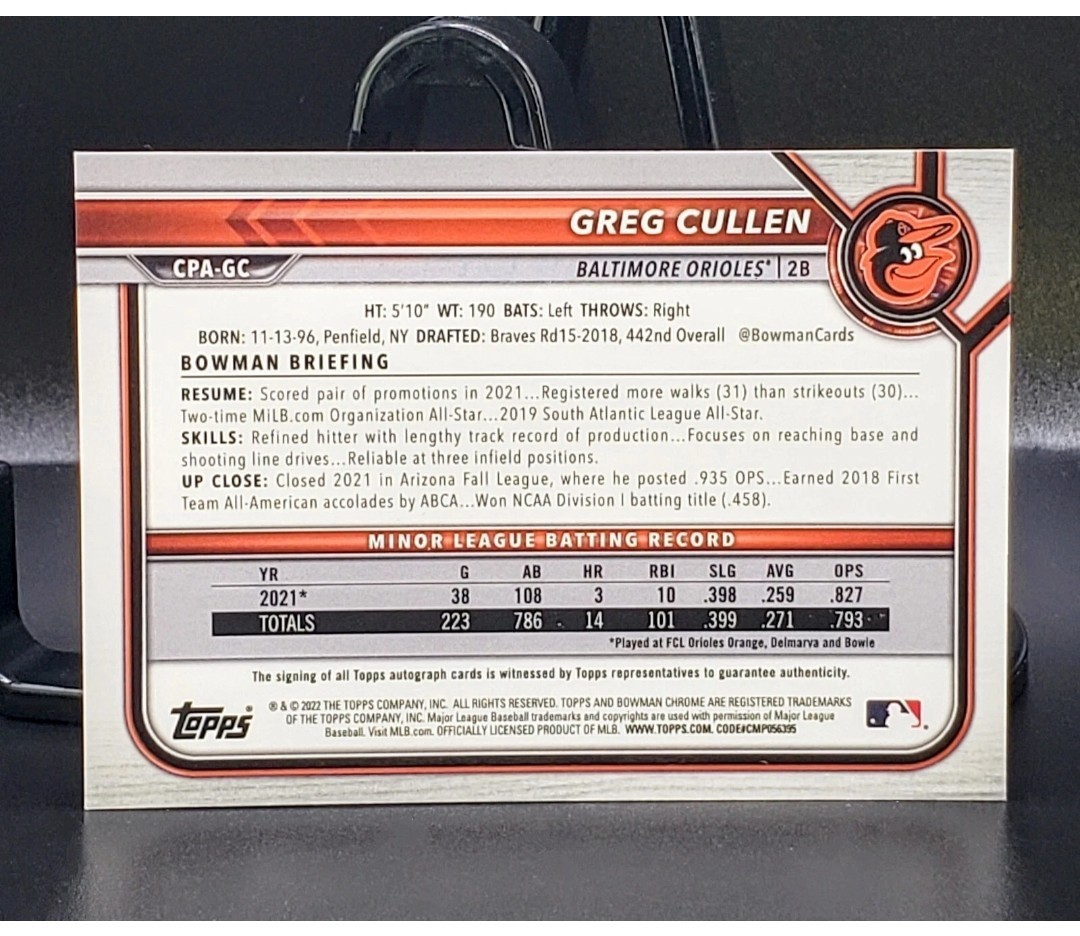 Greg Cullen (2022) Bowman Chrome RC AUTO Autograph view 2