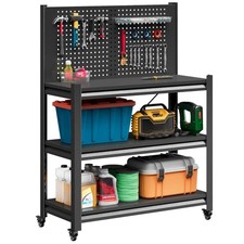 Metal Workshop Shelving Work Bench Garage Tool Storage Shelves W/Pegboard Wheels