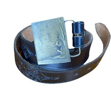 Vintage Size 34 Hand Tooled Mexican Leather Belt Brass K-48 Buckle