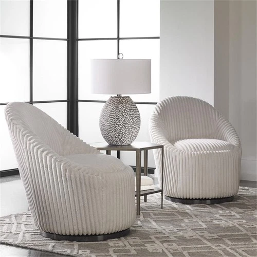 Uttermost Crue Wood Stainless Steel and Fabric Swivel Chair in White - Picture 7 of 10