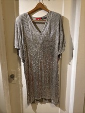 Halston III Vintage 80s Silk Sequin Beaded Silver Dress Size L