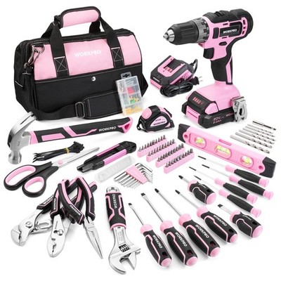 WORKPRO 20V Cordless Pink Drill Set for Women, Tool with Bag