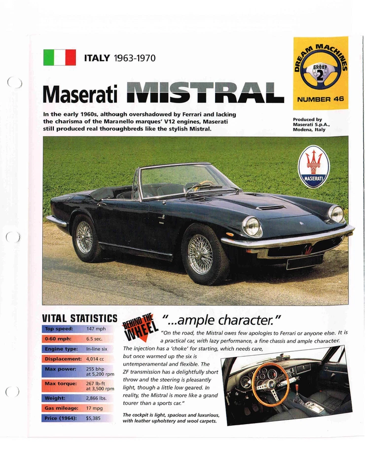 1966/1967/1968 MASERATI MISTRAL HOJA DE ESPECIFICACIONES / Folleto / Catálogo / Fotos Foto 2 de 4