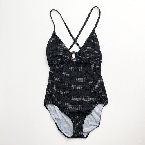 Vintage 90s Y2K 2000s Black Hoop Polka Dot Low Back One Piece Swim Suit M L 10 - Picture 3 of 20