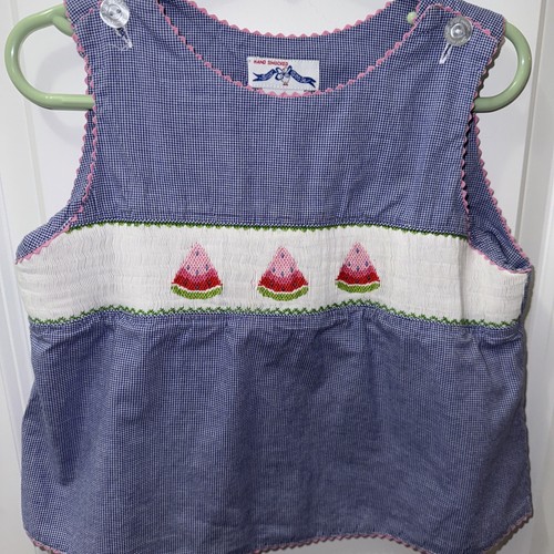Silly Goose Top Short Girl 6 Blue Gingham Hand Smocked Watermelon Picnic Cotton - Picture 2 of 24