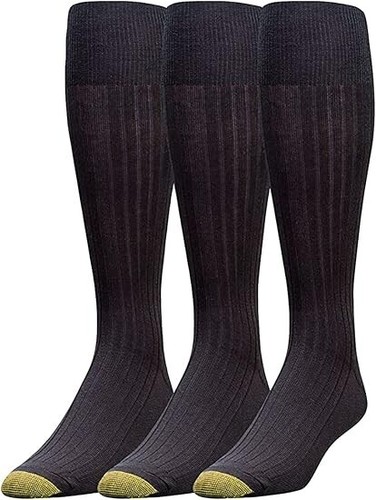 Calcetines de vestir Canterbury sobre la pantorrilla con punta dorada para hombre, 3 pares, negros, grandes - Imagen 2 de 5
