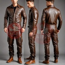 MENS SOFT BROWN LEATHER CATSUIT FRONT ZIPPER OVERALL JUMPSUIT CLASSIC STYLE SUIT
