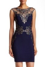 Lipsy Navy Gold Bodycon Dress Size 8 Lace Pencil Occasion Party Wedding Evening 