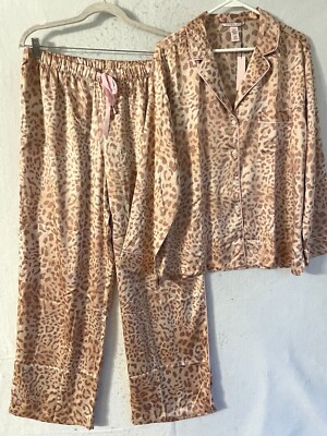 Victoria Secret Satin Pajama Set pants pj Long Leopard sz L Animal Sexy NEW  - Main Image