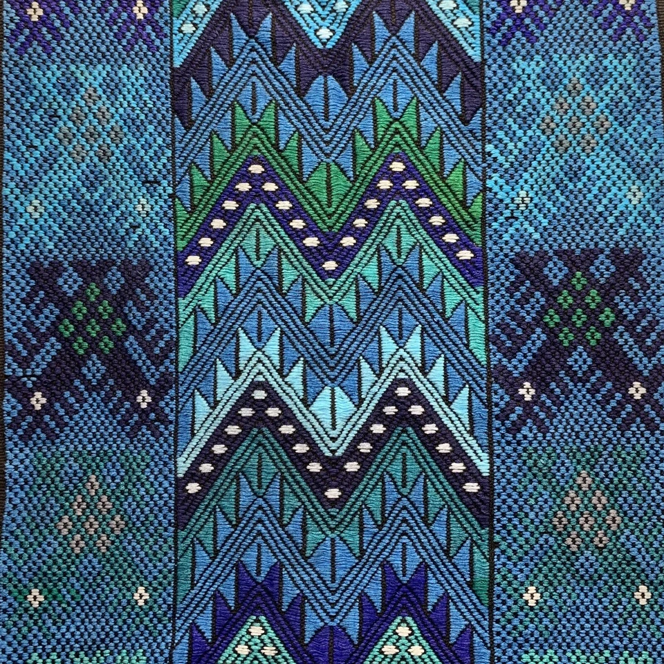 Hand Woven 45x15.5 Blue Textile Wall Art Hanging Fringe Colorful Table Runner - Image 3 of 4