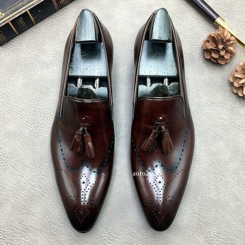 British Carved Tassels Real Leather Pointed Toe Men Slip on Formal Dress Shoes