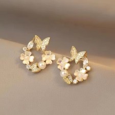 Butterfly Flower Pearl Stud Earrings For Women/Girls