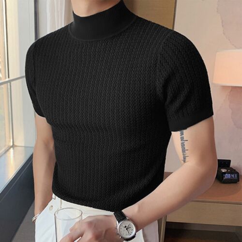 Hermoso Hombres Simulado Cuello Alto Pullover Camiseta Prendas para el torso Tejido Suéter Manga Corta - Imagen 13 de 32