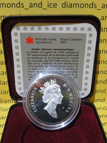 1994 Royal Canadian Mint, RCMP Dog Team Silver Proof Dollar, w/ Case & COA