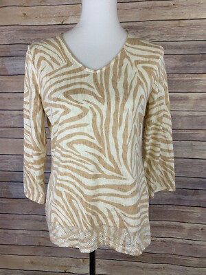 Chicos Size 0 Small Animal Print Blouse V Neck 3/4 Sleeve Border Print Metallic 