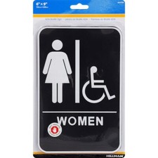 Hillman Women Restroom Door Wall Sign ADA w/ Braille - Black  White - 6" x 9"