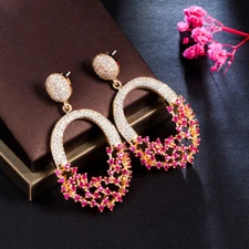 Hot Pink CZ Big Chunky 925 Silver Long Dangle Drop Earrings Gold Plated Jewelry