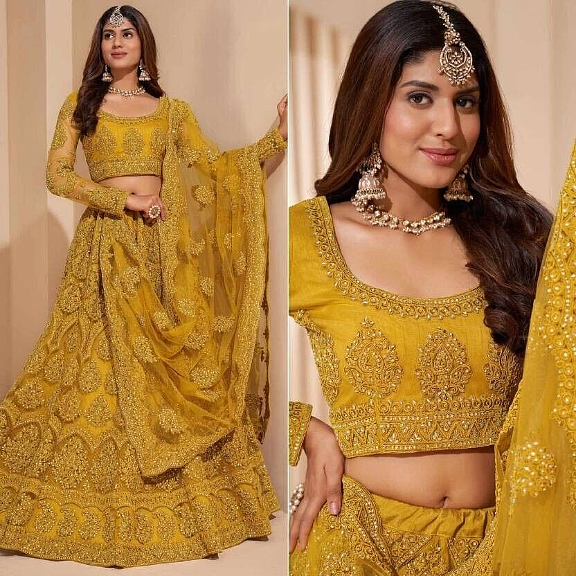 Fancy Printed Yellow Lehenga Choli