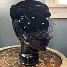 Velvet Vintage Women's Hat with Veil and decorative side and rhinestones